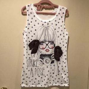 Girls ”Strike A Pose” embellished print tank top! Burnout jersey knit! XL 14/16